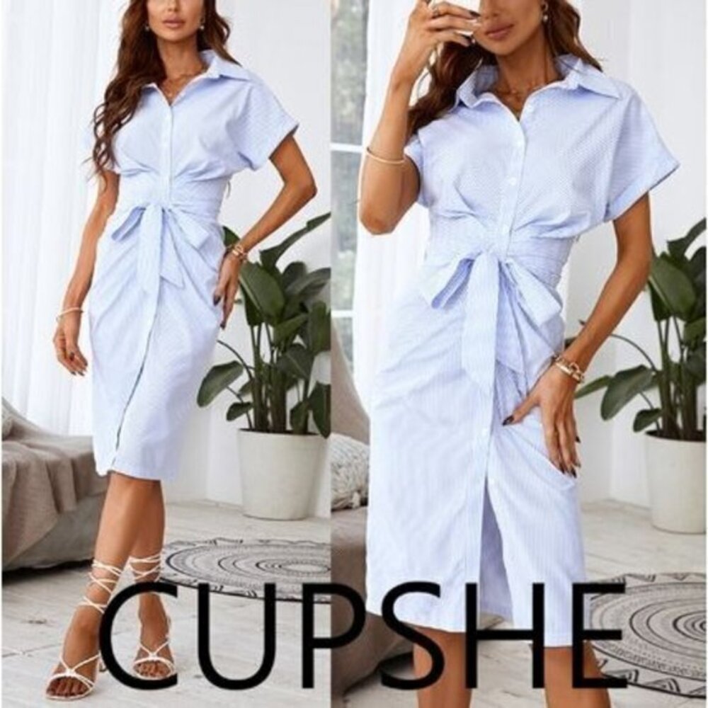 CUPSHE Short Casual Style Pin Stripe Button Down Light Blue Dress Size M